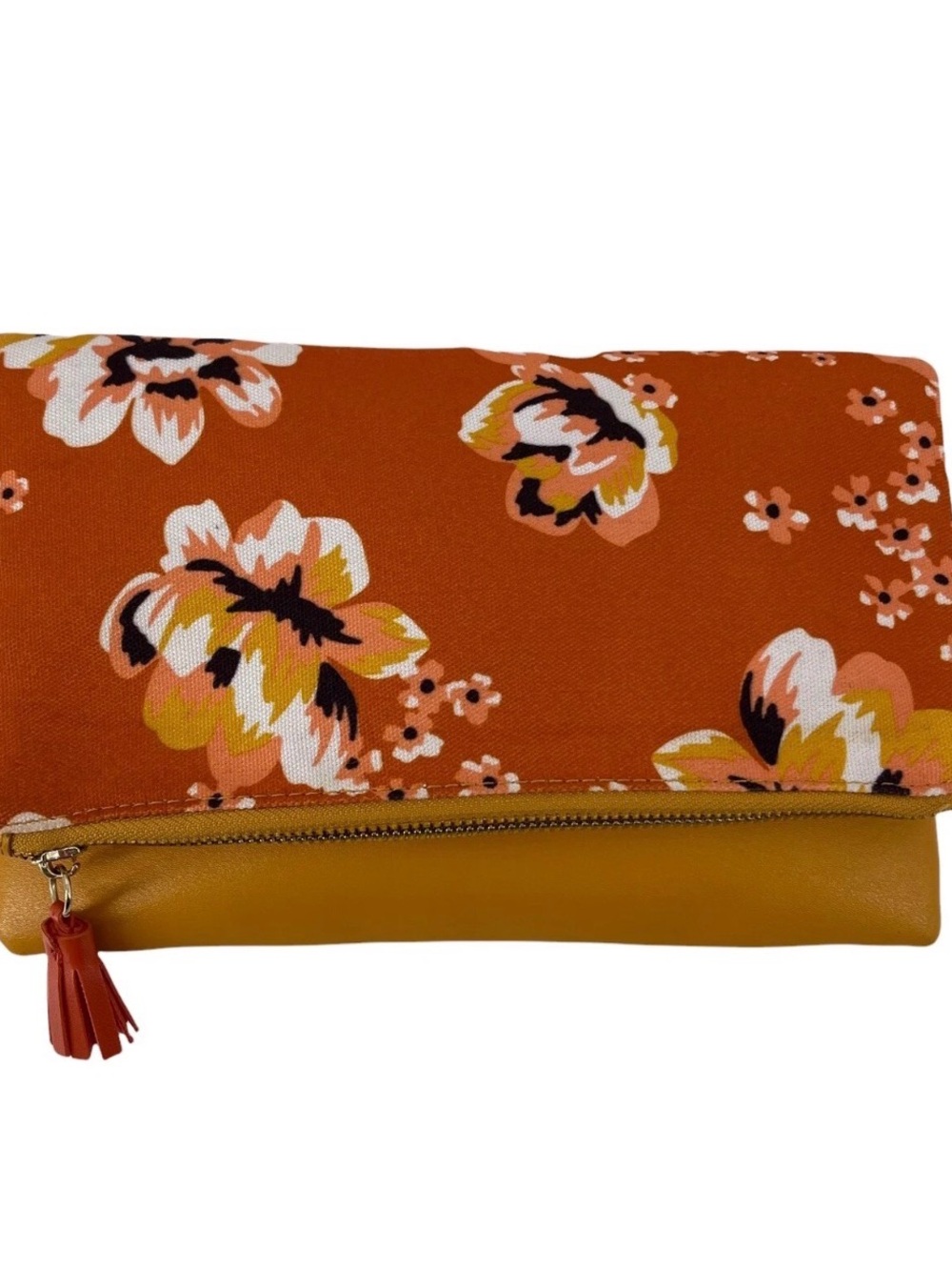 Rachel Pally Fold Over Clutch Floral Bohemian Tassel Canvas Handbag Orange Purse